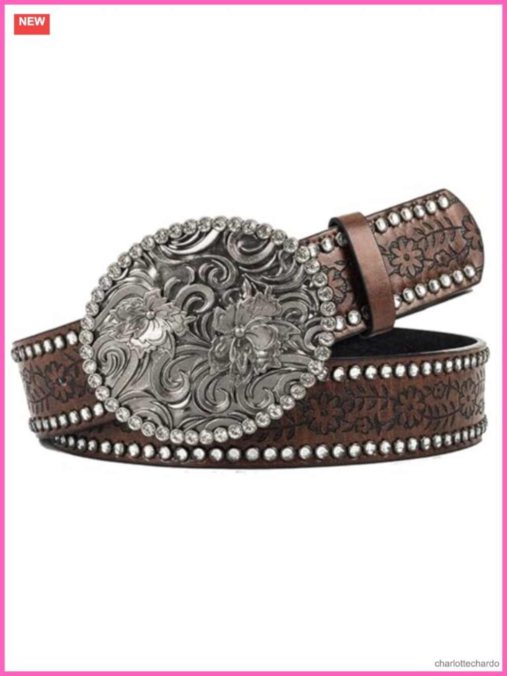 Western Cowboy Belt Rhinestone Oval Buckle Embossed PU Leather Cowgirl Jeans